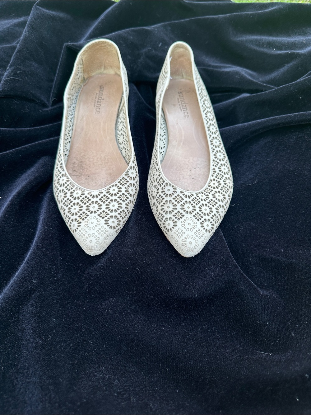 Sundance Cream Laser-Cut Pointed Toe Flats